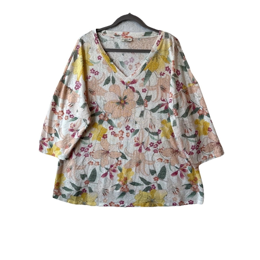 Studio B Bobeau Floral VNeck 3/4 Sleeve Lightweight Soft Knit Top 3X Cottagecore